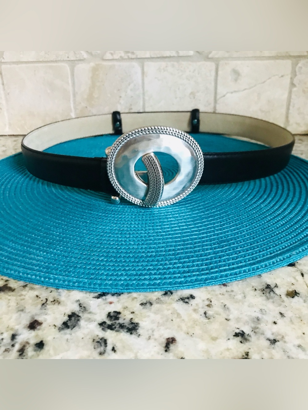 Chico’s Black Leather Belt with Silver Buckle